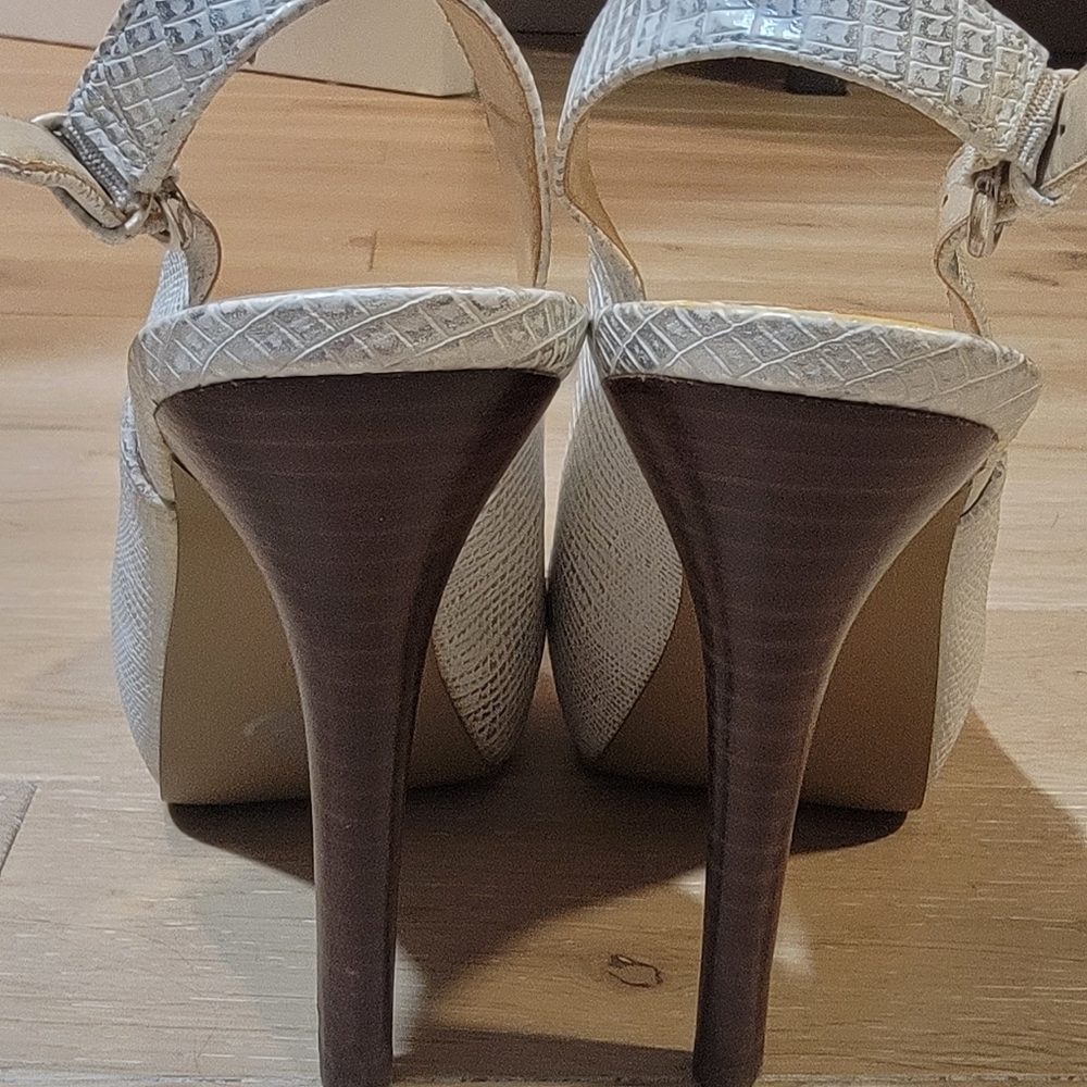 Guess high heel sandals size 7M white/silver with brown heel